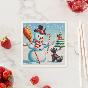 Retro Snowman, Cute Dog, Red Cardinal And Trees Napkins
