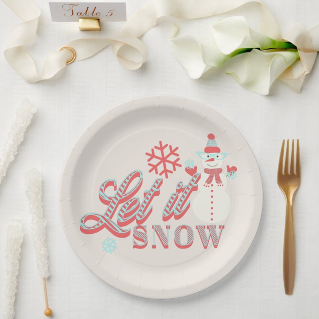 Retro Snowman Let it Snow Christmas Tan Paper Plates (Wedding)