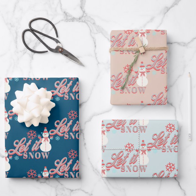 Retro Snowman Let It Snow Typography Christmas Wrapping Paper Sheets (Front)