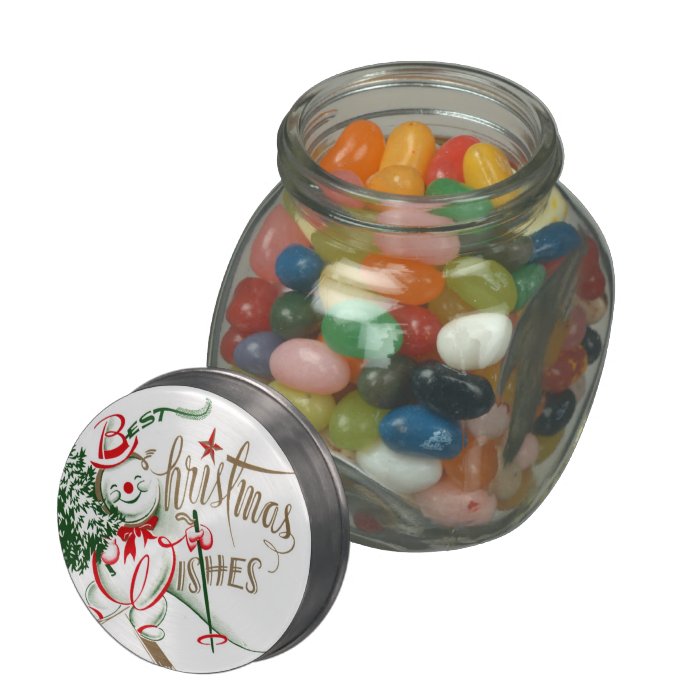 Retro Snowman on Skis Glass Candy Jar