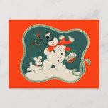 Retro Snowman Postcard<br><div class="desc">Postcard featuring a vintage 1940s Christmas illustration of a snowman. Customize it with your own background color and text. Retro cool!</div>