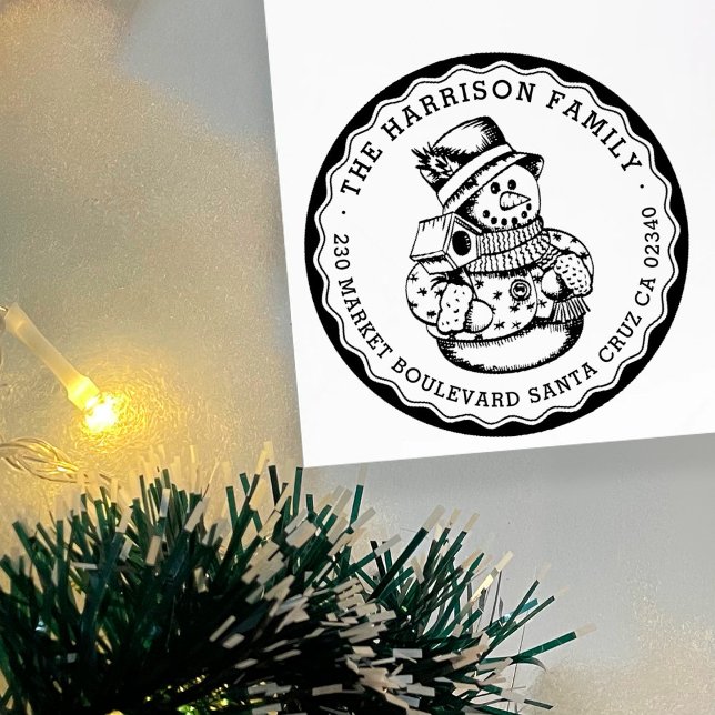 Retro Snowman Round Family Name & Return Address Rubber Stamp (Creator Uploaded)