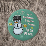 Retro Snowman Ugly Christmas Sweater Contest 3rd Button<br><div class="desc">These cute, retro snowman buttons make the perfect prize for the winners of your Ugly Christmas Sweater Contest! They include a smiling vintage-looking snowman with mid-century modern icons and the words "Ugly Christmas Sweater Contest / Third Place!" You can also use the easy text field to customize the words or...</div>