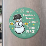 Retro Snowman Ugly Christmas Sweater Contest 3rd Magnet<br><div class="desc">These cute, retro snowman fridge magnets make the perfect prize for the winners of your Ugly Christmas Sweater Contest! They include a smiling vintage-looking snowman with mid-century modern icons and the words "Ugly Christmas Sweater Contest / Third Place!" You can also use the easy text field to customize the words...</div>