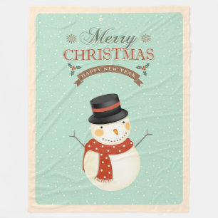 Retro Snowmen Happy New Year Merry Christmas Fleece Blanket