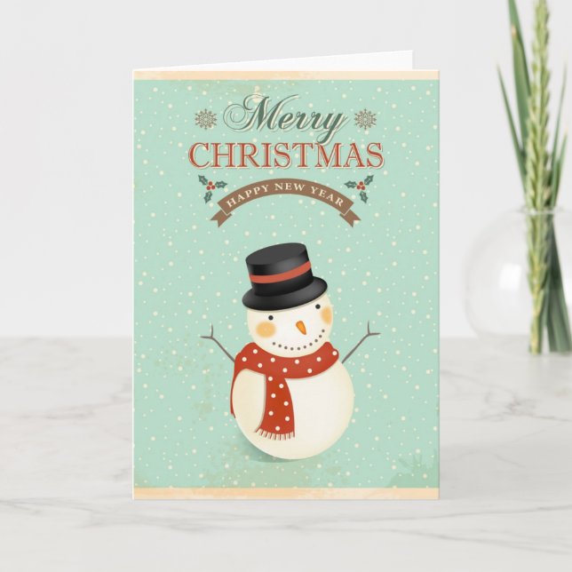 Retro Snowmen Happy New Year Merry Christmas Holiday Card (Front)