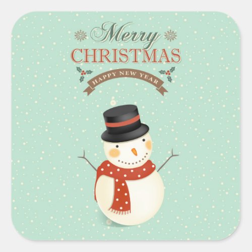 Retro Snowmen Happy New Year Merry Christmas Square Sticker