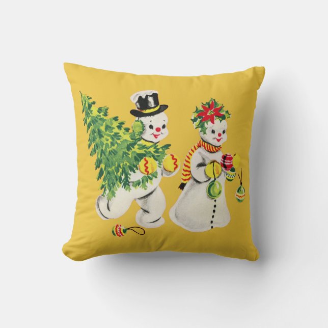 Retro Snowmen Throw Pillow (Front)