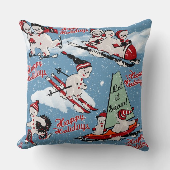 Retro Snowmen Winter Sports on Blue Throw Pillow (Front)