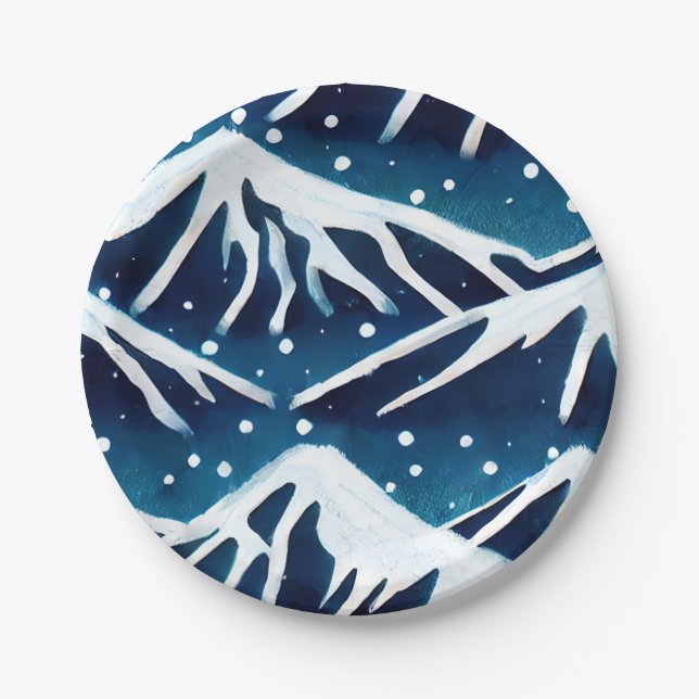 Retro Snowy Blue Mountains Paper Plates (Front)