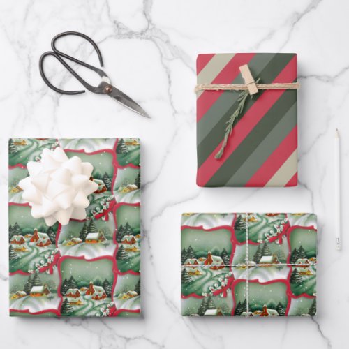 Retro Snowy Christmas Houses Wrapping Paper Sheets