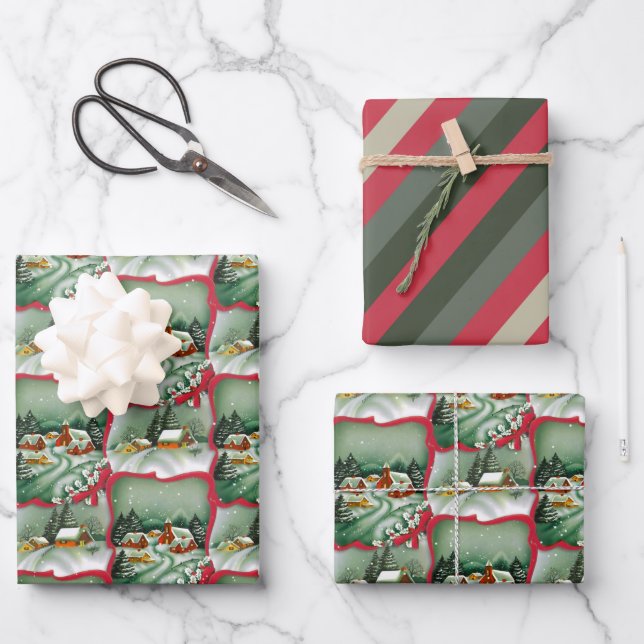 Retro Snowy Christmas Houses Wrapping Paper Sheets (Front)