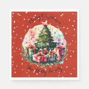 Retro Snowy Christmas Scene, Tree, Gifts, Napkins