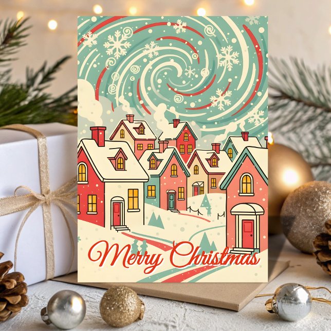 Retro Snowy Christmas Village Blizzard Holiday Card (Creator Uploaded)