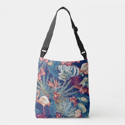 Retro Snowy Tropical Flamingo Paradise Watercolor Crossbody Bag