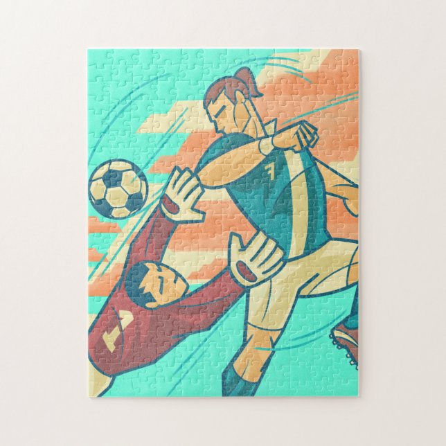Retro Soccer Action Illustration Players & Ball Jigsaw Puzzle (Vertical)