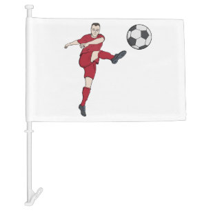 Retro Soccer Player Kicking Ball Volley Action Gra Car Flag