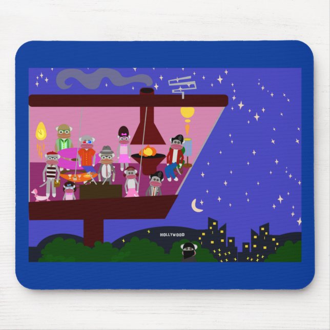 Retro Sock Monkey Party Life Cartoon Illustration Mouse Pad (Front)