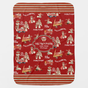 Retro Sock Monkey Red Wagon Car Truck Baby Boy Blanket