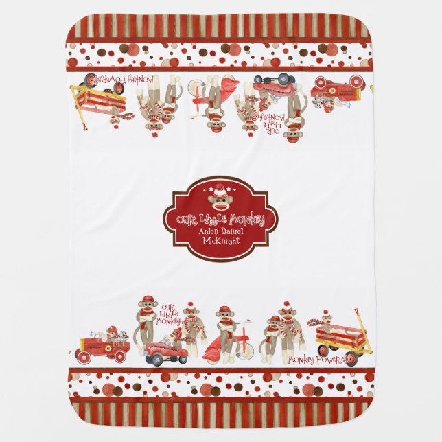 Retro Sock Monkey Red Wagon Car Truck Baby Boy Swaddle Blanket (Front)