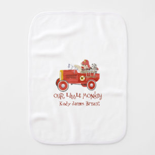 Retro Sock Monkey w Fire Engine Baby Boy Gifts Baby Burp Cloth