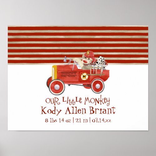 Retro Sock Monkey w Fire Engine Baby Boy Gifts Poster