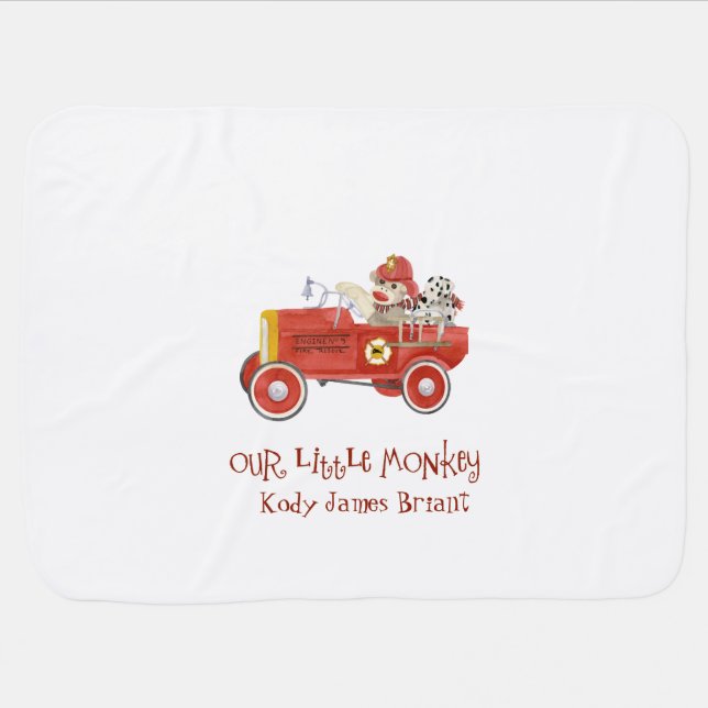 Retro Sock Monkey w Fire Engine Baby Boy Gifts Swaddle Blanket (Horizontal)