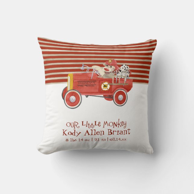 Retro Sock Monkey w Fire Engine Baby Boy Gifts Throw Pillow (Front)