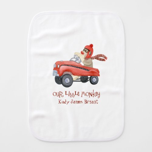 Retro Sock Monkey w Pedal Car Baby Boy Gifts Burp Cloth