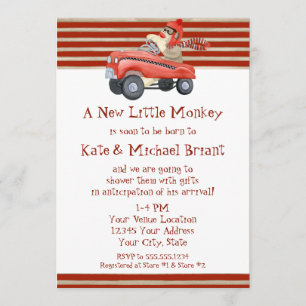 Retro Sock Monkey w Pedal Car Baby Boy Gifts Invitation