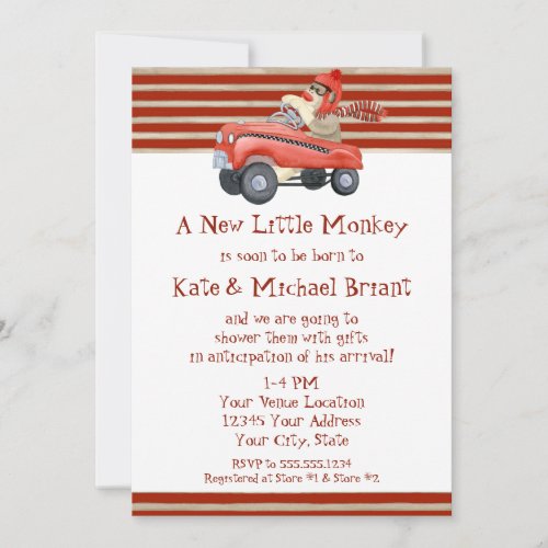 Retro Sock Monkey w Pedal Car Baby Boy Gifts Invitation