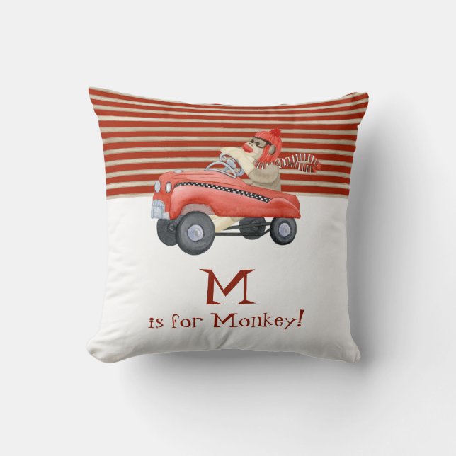 Retro Sock Monkey w Pedal Car Baby Boy Gifts Throw Pillow (Front)