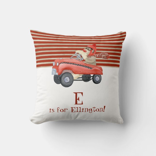 Retro Sock Monkey w Pedal Car Baby Boy Name Throw Pillow (Front)