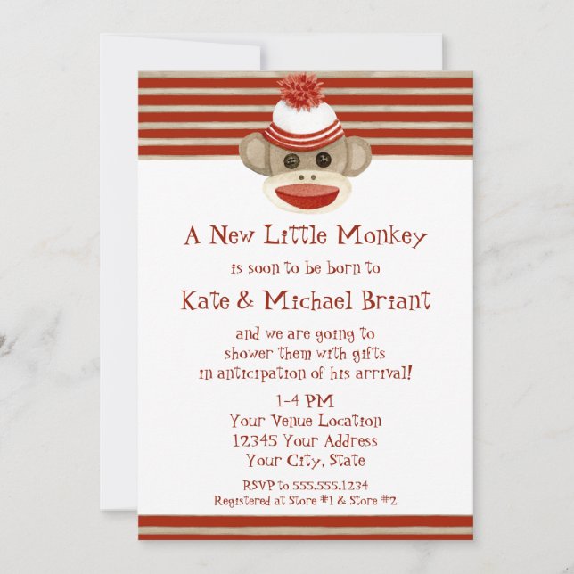 Retro Sock Monkey w Stocking Cap Baby Boy Shower Invitation (Front)