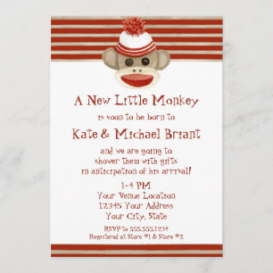 Retro Sock Monkey w Stocking Cap Baby Boy Shower Invitation