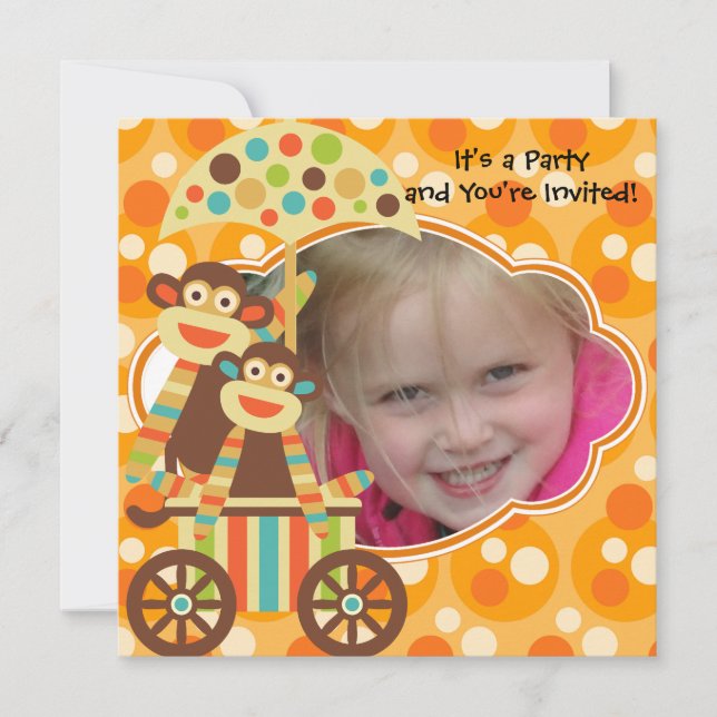 Retro Sock Monkeys Photo Birthday Invitation (Front)