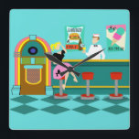Retro Soda Fountain Acrylic Wall Clock<br><div class="desc">Serve up something special with this Retro Soda Fountain Acrylic Wall Clock. The minimalist art, cartoon drawing design features the interior of the coolest spot in town. It's a 1950's soda fountain, in all of its kitschy glory! Against the backdrop of an aqua wall, we can see posters advertising the...</div>