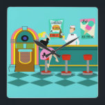 Retro Soda Fountain Acrylic Wall Clock<br><div class="desc">Serve up something special with this Retro Soda Fountain Acrylic Wall Clock. The minimalist art, cartoon drawing design features the interior of the coolest spot in town. It's a 1950's soda fountain, in all of its kitschy glory! Against the backdrop of an aqua wall, we can see posters advertising the...</div>