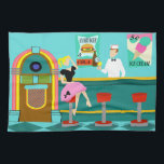 Retro Soda Fountain Kitchen Towels<br><div class="desc">Serve up something special with these Retro Soda Fountain Kitchen Towels. The minimalist art, cartoon drawing design features the interior of the coolest spot in town. It's a 1950's soda fountain, in all of its kitschy glory! Against the backdrop of an aqua wall, we can see posters advertising the specialties...</div>