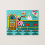 Retro Soda Fountain Puzzle<br><div class="desc">Serve up something special with this Retro Soda Fountain Puzzle. The minimalist art, cartoon drawing design features the interior of the coolest spot in town. It's a 1950's soda fountain, in all of its kitschy glory! Against the backdrop of an aqua wall, we can see posters advertising the specialties of...</div>