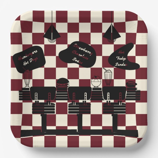 Retro Soda Fountain Shop Red Squares Paper Plates (Front)