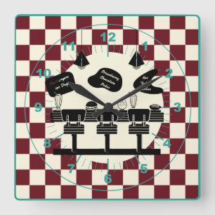 Retro Soda Fountain Shop Teal Red  Square Wall Clock