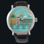 Retro Soda Fountain Watch<br><div class="desc">Serve up something special with this Retro Soda Fountain Watch. The minimalist art, cartoon drawing design features the interior of the coolest spot in town. It's a 1950's soda fountain, in all of its kitschy glory! Against the backdrop of an aqua wall, we can see posters advertising the specialties of...</div>