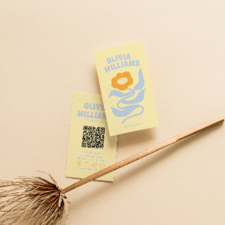 Retro Soft Colorful QR Code Boho Groovy Floral Business Card