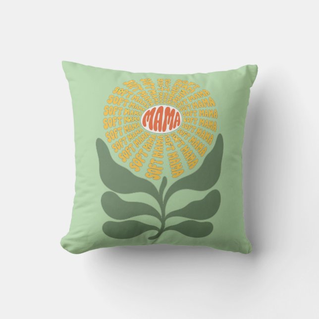 Retro "Soft Mama" Flower Typography Design Throw Pillow (Front)