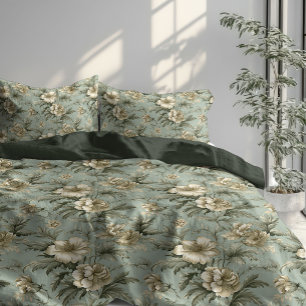 Retro soft pastel green sage and gold flowers duvet cover