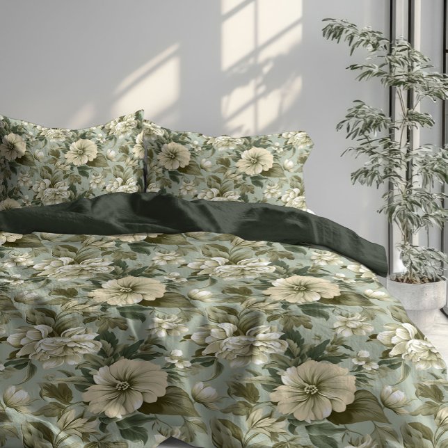 Retro soft pastel green sage and white flowers  duvet cover (Retro soft pastel green sage and white flowers duvet cover)