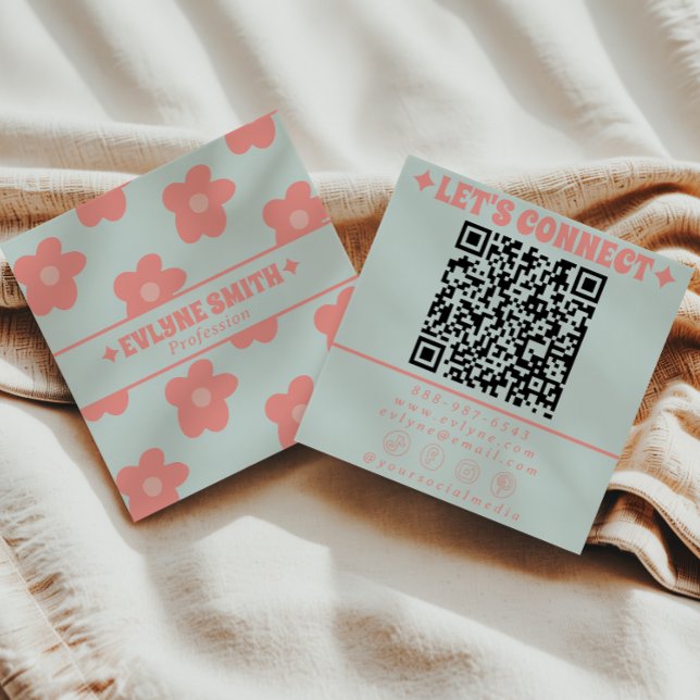 Retro Soft Pink Blue QR Code Groovy Floral Girly  Square Business Card (Creator Uploaded)