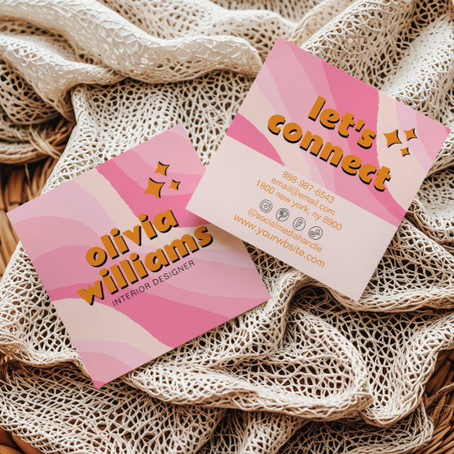 Retro Soft Pink Orange Groovy Girly Trendy Unique Square Business Card (Creator Uploaded)