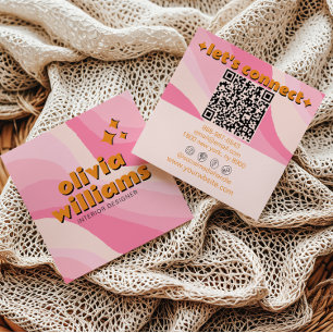 Retro Soft Pink Orange QR Code Groovy Girly Trendy Square Business Card